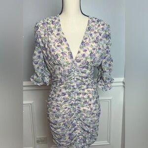Mable Purple Floral Dress with Ruching Size M Half Sleeve Feminine Flirty Midi